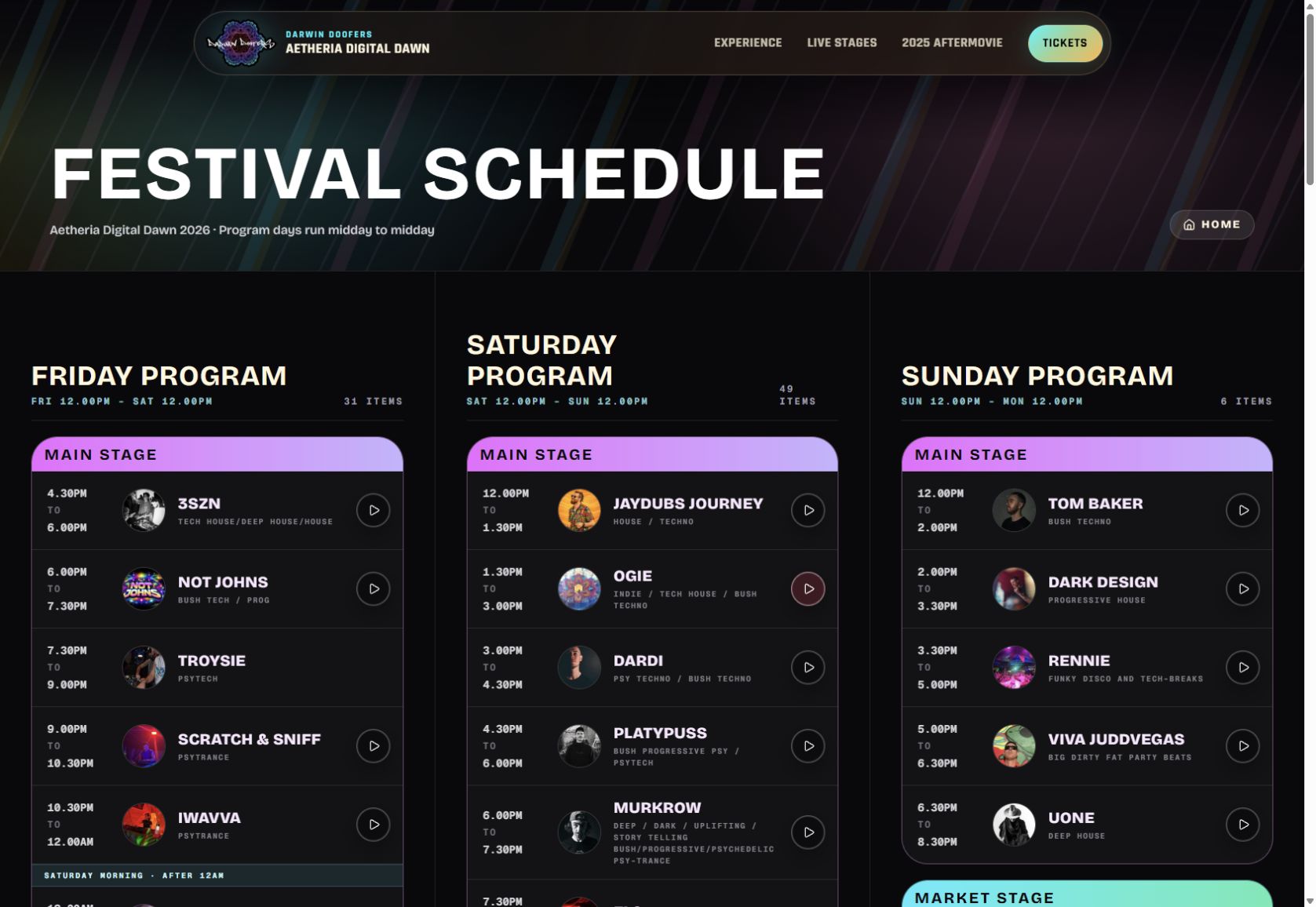 Three-day festival schedule with colour-coded stages, artist photos, set times and individual play buttons.